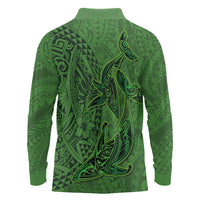 Hawaiian Whales Polynesian Art Motifs Long Sleeve Polo Shirt Green Color - Polynesian Pride