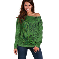 Hawaiian Whales Polynesian Art Motifs Off Shoulder Sweater Green Color - Polynesian Pride