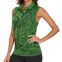Hawaiian Whales Polynesian Art Motifs Women Sleeveless Polo Shirt Green Color - Polynesian Pride