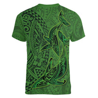 Hawaiian Whales Polynesian Art Motifs Women V-Neck T-Shirt Green Color - Polynesian Pride