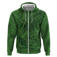 Hawaiian Whales Polynesian Art Motifs Zip Hoodie Green Color - Polynesian Pride