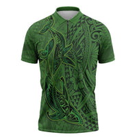 Hawaiian Whales Polynesian Art Motifs Zipper Polo Shirt Green Color LT03 Green - Polynesian Pride