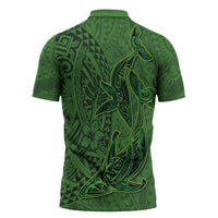 Hawaiian Whales Polynesian Art Motifs Zipper Polo Shirt Green Color LT03 - Polynesian Pride
