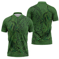 Hawaiian Whales Polynesian Art Motifs Zipper Polo Shirt Green Color LT03 - Polynesian Pride