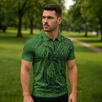 Hawaiian Whales Polynesian Art Motifs Zipper Polo Shirt Green Color LT03 - Polynesian Pride