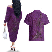 Hawaiian Whales Polynesian Art Motifs Couples Matching Off The Shoulder Long Sleeve Dress and Hawaiian Shirt Purple Color - Polynesian Pride