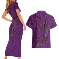 Hawaiian Whales Polynesian Art Motifs Couples Matching Short Sleeve Bodycon Dress and Hawaiian Shirt Purple Color - Polynesian Pride