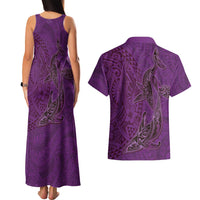 Hawaiian Whales Polynesian Art Motifs Couples Matching Tank Maxi Dress and Hawaiian Shirt Purple Color - Polynesian Pride