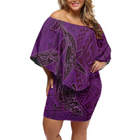 Hawaiian Whales Polynesian Art Motifs Off Shoulder Short Dress Purple Color - Polynesian Pride