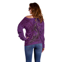Hawaiian Whales Polynesian Art Motifs Off Shoulder Sweater Purple Color - Polynesian Pride