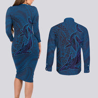 Hawaiian Whales Polynesian Art Motifs Couples Matching Long Sleeve Bodycon Dress and Long Sleeve Button Shirt Blue Color - Polynesian Pride