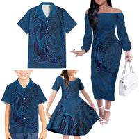 Hawaiian Whales Polynesian Art Motifs Family Matching Off The Shoulder Long Sleeve Dress and Hawaiian Shirt Blue Color - Polynesian Pride