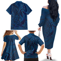 Hawaiian Whales Polynesian Art Motifs Family Matching Off The Shoulder Long Sleeve Dress and Hawaiian Shirt Blue Color - Polynesian Pride