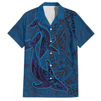 Hawaiian Whales Polynesian Art Motifs Family Matching Off Shoulder Short Dress and Hawaiian Shirt Blue Color - Polynesian Pride