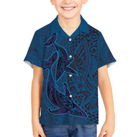 Hawaiian Whales Polynesian Art Motifs Family Matching Off Shoulder Short Dress and Hawaiian Shirt Blue Color - Polynesian Pride