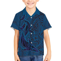 Hawaiian Whales Polynesian Art Motifs Kid Hawaiian Shirt Blue Color - Polynesian Pride