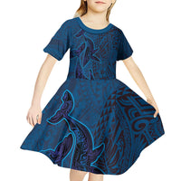 Hawaiian Whales Polynesian Art Motifs Kid Short Sleeve Dress Blue Color - Polynesian Pride