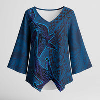Hawaiian Whales Polynesian Art Motifs Kimono Sleeve Blouse Blue Color - Polynesian Pride