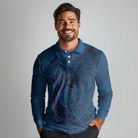 Hawaiian Whales Polynesian Art Motifs Long Sleeve Polo Shirt Blue Color - Polynesian Pride