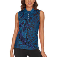 Hawaiian Whales Polynesian Art Motifs Women Sleeveless Polo Shirt Blue Color - Polynesian Pride