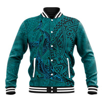 Hawaiian Whales Polynesian Art Motifs Baseball Jacket Turquoise Color - Polynesian Pride