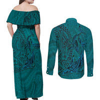 Hawaiian Whales Polynesian Art Motifs Couples Matching Off Shoulder Maxi Dress and Long Sleeve Button Shirt Turquoise Color - Polynesian Pride