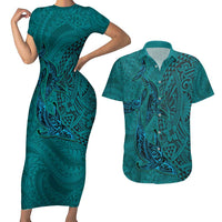 Hawaiian Whales Polynesian Art Motifs Couples Matching Short Sleeve Bodycon Dress and Hawaiian Shirt Turquoise Color - Polynesian Pride