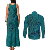 Hawaiian Whales Polynesian Art Motifs Couples Matching Tank Maxi Dress and Long Sleeve Button Shirt Turquoise Color - Polynesian Pride