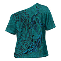 Hawaiian Whales Polynesian Art Motifs Cross Shoulder Shirt Turquoise Color - Polynesian Pride