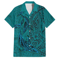Hawaiian Whales Polynesian Art Motifs Family Matching Off The Shoulder Long Sleeve Dress and Hawaiian Shirt Turquoise Color - Polynesian Pride