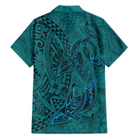 Hawaiian Whales Polynesian Art Motifs Family Matching Off The Shoulder Long Sleeve Dress and Hawaiian Shirt Turquoise Color - Polynesian Pride