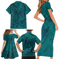 Hawaiian Whales Polynesian Art Motifs Family Matching Short Sleeve Bodycon Dress and Hawaiian Shirt Turquoise Color - Polynesian Pride