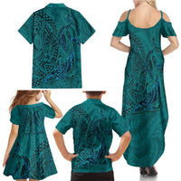 Hawaiian Whales Polynesian Art Motifs Family Matching Summer Maxi Dress and Hawaiian Shirt Turquoise Color - Polynesian Pride