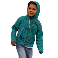 Hawaiian Whales Polynesian Art Motifs Kid Hoodie Turquoise Color - Polynesian Pride