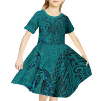 Hawaiian Whales Polynesian Art Motifs Kid Short Sleeve Dress Turquoise Color - Polynesian Pride