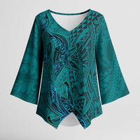 Hawaiian Whales Polynesian Art Motifs Kimono Sleeve Blouse Turquoise Color - Polynesian Pride