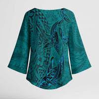 Hawaiian Whales Polynesian Art Motifs Kimono Sleeve Blouse Turquoise Color - Polynesian Pride