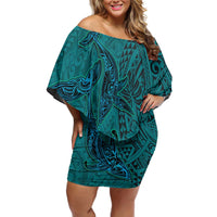 Hawaiian Whales Polynesian Art Motifs Off Shoulder Short Dress Turquoise Color - Polynesian Pride