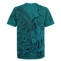 Hawaiian Whales Polynesian Art Motifs Rugby Jersey Turquoise Color - Polynesian Pride