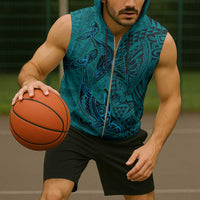 Hawaiian Whales Polynesian Art Motifs Sleeveless Zip Hoodie Turquoise Color - Polynesian Pride
