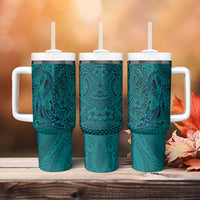 Hawaiian Whales Polynesian Art Motifs Tumbler With Handle Turquoise Color - Polynesian Pride