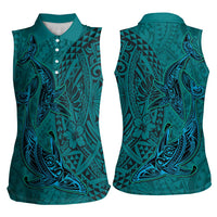 Hawaiian Whales Polynesian Art Motifs Women Sleeveless Polo Shirt Turquoise Color - Polynesian Pride
