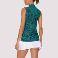 Hawaiian Whales Polynesian Art Motifs Women Sleeveless Polo Shirt Turquoise Color - Polynesian Pride