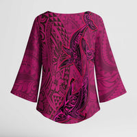 Hawaiian Whales Polynesian Art Motifs Kimono Sleeve Blouse Pink Color - Polynesian Pride