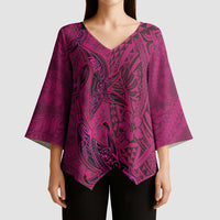 Hawaiian Whales Polynesian Art Motifs Kimono Sleeve Blouse Pink Color - Polynesian Pride