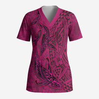 Hawaiian Whales Polynesian Art Motifs Scrub Top Pink Color - Polynesian Pride