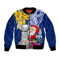 Custom Northern Mariana Islands Christmas Bomber Jacket Funny Santa Hug Latte Stone Ylang-ylang and Polynesia Pattern Blue LT03 Unisex Blue - Polynesian Pride