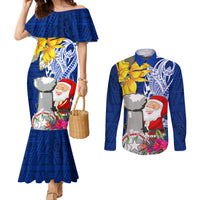 Custom Northern Mariana Islands Christmas Couples Matching Mermaid Dress and Long Sleeve Button Shirt Funny Santa Hug Latte Stone Ylang-ylang and Polynesia Pattern Blue LT03 Blue - Polynesian Pride