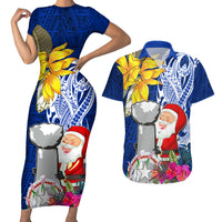 Custom Northern Mariana Islands Christmas Couples Matching Short Sleeve Bodycon Dress and Hawaiian Shirt Funny Santa Hug Latte Stone Ylang-ylang and Polynesia Pattern Blue LT03 Blue - Polynesian Pride