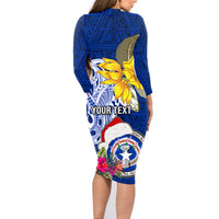 Custom Northern Mariana Islands Christmas Family Matching Long Sleeve Bodycon Dress and Hawaiian Shirt Funny Santa Hug Latte Stone Ylang-ylang and Polynesia Pattern Blue LT03 - Polynesian Pride